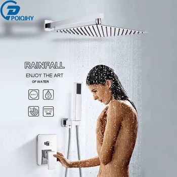 

Chrome Bathroom Shower Faucet System 3-Ways Wall Mounted 8'' Rainfall Shower Head Rotatable Tub Spout Hot Cold Shower Mixer Tap