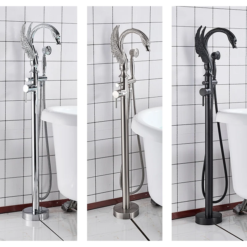 Swan Shape Bathtub Faucet Freestanding Bathroom Bath Tub Mixer Tap Single Handle with Handshower Floor Mounted Bath Shower Tap 2