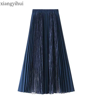 

Long Skirt for Women Lace Stitching Summer White Black Skirt Female Elastic High Waist Patchwork Ankle Length Skirts Streetwear