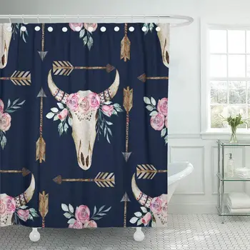 

Decorative Skull Watercolor Boho Pattern with Deer Antlers Bohemian Western Ethnic Bull Indian 72"x72" Waterproof Bathroom Set
