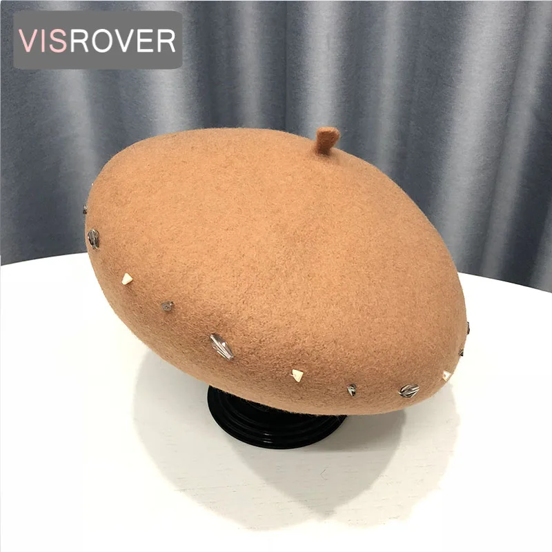VISROVER woman wool winter beret female rhinestone wool cap autumn winter hat solid color top quality Women Boina wholesales