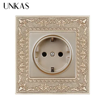 

UNKAS 16A EU Standard Gold Power Socket 4D Embossing Retro Zinc Alloy Panel Wall Power Socket AC 110~250V