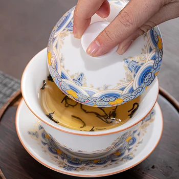 

three talent cover bowl tea cup and dish set household enamel color ceramic kungfu tea set cover bowl tea making bowl