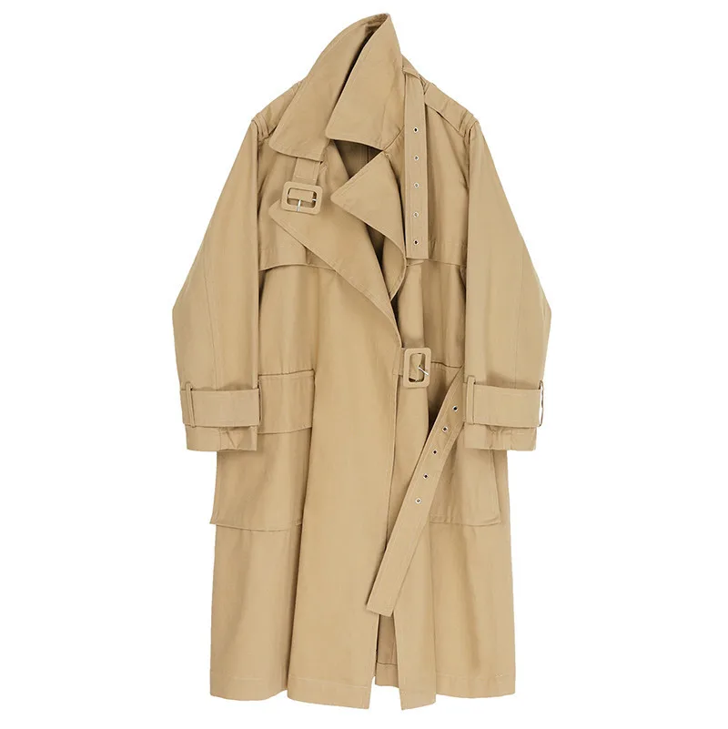 

loose Women Khaki Split Joint Long Big Size Trench New Lapel Long Sleeve Loose Fit Windbreaker Fashion Tide Spring 2020 1R692