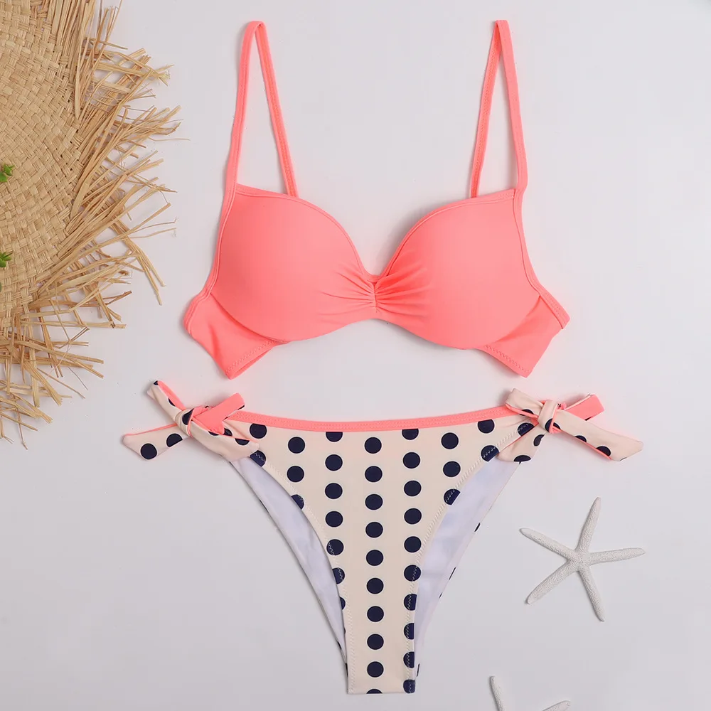 2020 Bikini Set Halter Swimwear Women Dot Solid Color Swimsuit Side Bandage Bathing Suit Beachwear Push Up Sexy Bikini