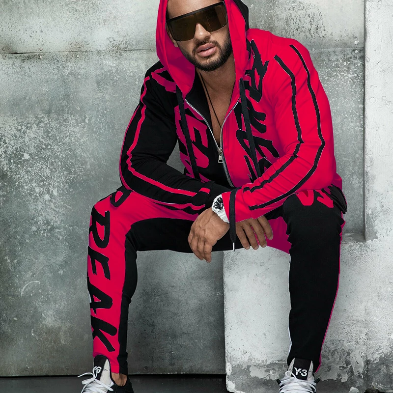 Deals ZOGAA Mens Tracksuit Autumn Fashion Casual Men Fitness Sets Letter Patchwork Hooded Sweatshirt Sweatpants Sports Suit Streetwear