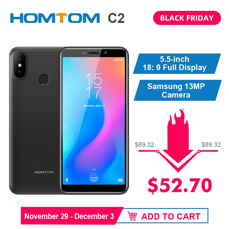 Global version HOMTOM C2 Android 8.1 2+16GB ROM Mobile Phone Face ID MTK6739 Quad Core13MP Dual Camera OTA 4G FDD-LTE Smartphone