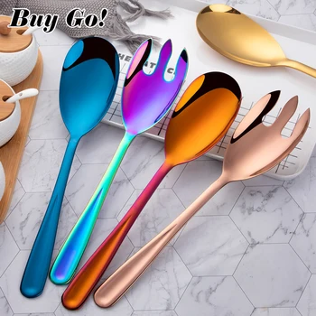 

Public Long Salad Dinner Serving Spoons Set Kitchen Gold Colorful Server Fork Spoon Cutlery Metal Flatware Utensils Salad Tools
