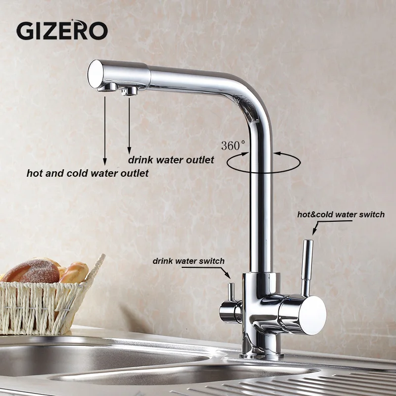 GIZERO смеситель для кухонной раковины, смеситель для питьевой воды, хромированный полированный гибкий 360 Поворотный кран для горячей и холодной воды, кран водоочистителя ZR725