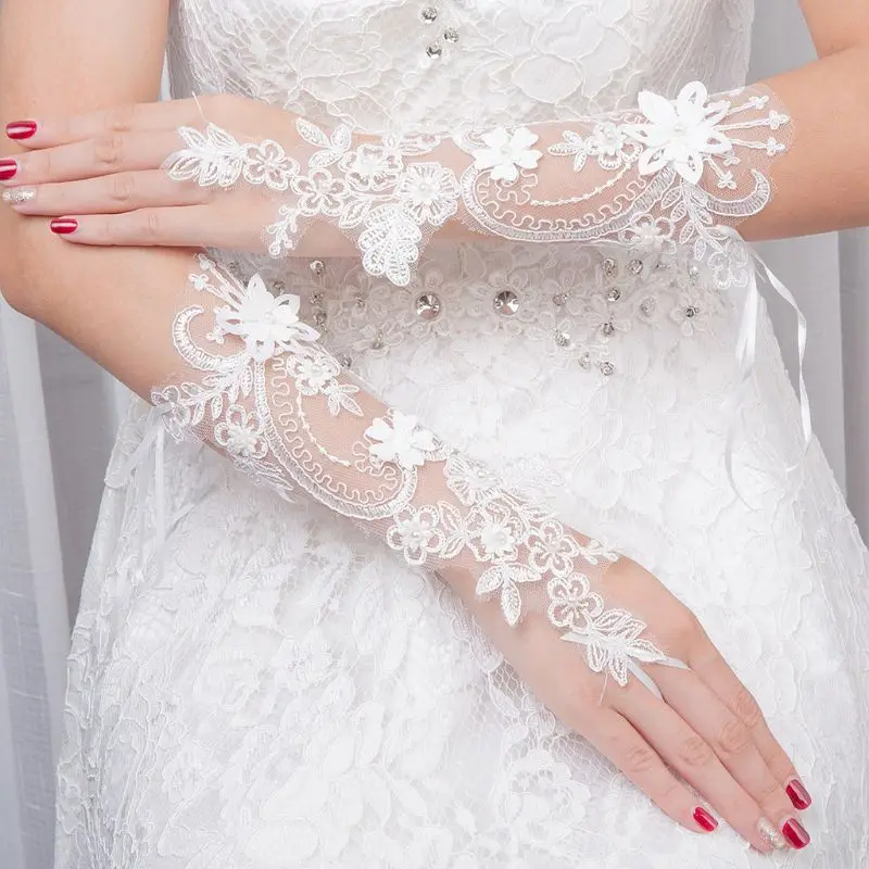 Lace Gloves Wedding Dress Gloves 1 Pair Princess Girls Elegant Short Gauze Artificial Pearl Mesh Gloves Bride Wedding Dress Accessories Photo Props