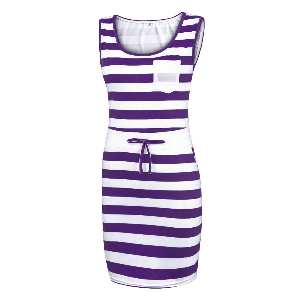 Summer Women Casual Sleeveless Stripe T Shirts Dress Tunic Waist Dresses Streetwear women clothes Dress Female Fashion Casual