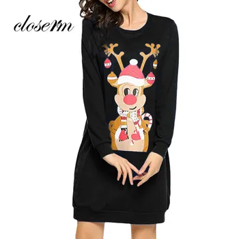 

Vestdio 2019TOP Women Christmas Print Monkey Character Long Sleeve Dress Ladies Mini Dress