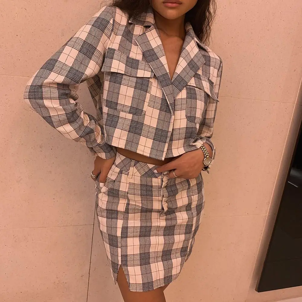Women Fashion Plaid Blazer Skirt Suit Casual 2019 Autumn Winter Short Jacket Business Skirts Set Office Clothes | Женская одежда