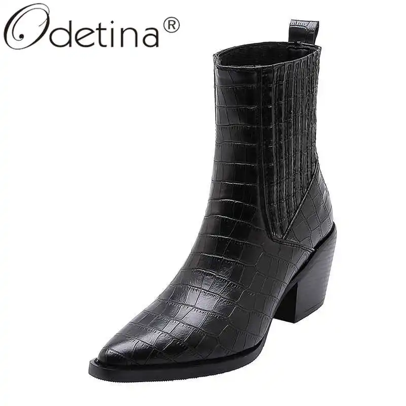 Odetina/женские модные клетчатые ботильоны без шнуровки с эластичными лентами; женские зимние полусапожки в винтажном стиле на высоком квадратном каблуке с острым носком