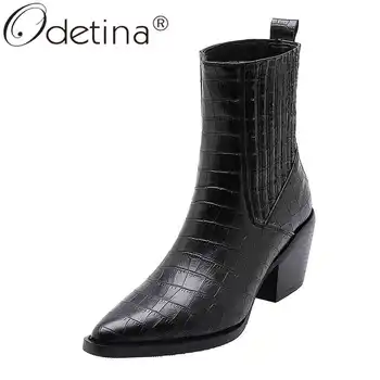 

Odetina Women Fashion Slip On Elastic band Checkered Ankle Boots Ladies Vintage Block High Heel Pointed Toe Winter Short Boots