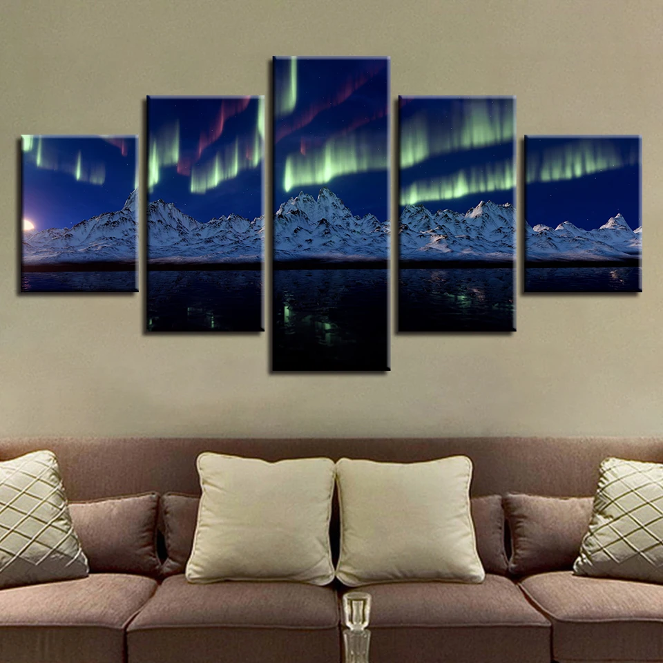 Модульный плакат, холст, картины, 5 шт., горное озеро, Auroras, ночная сцена, картины, настенный художественный Декор для гостиной, современные принты