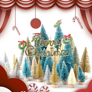 

49pc Xmas Decorative Small Christmas Tree Sisal Silk Snow Tower Pine Blue Green Gold Silver Red Mini Christmas Tree Ornaments