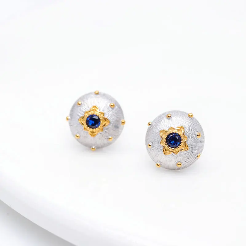 

CMAJOR 925 Sterling Silver Vintage Italian Fabric Texture Gold Tone Round Solid Brushed Studs Handmade Earrings for Women