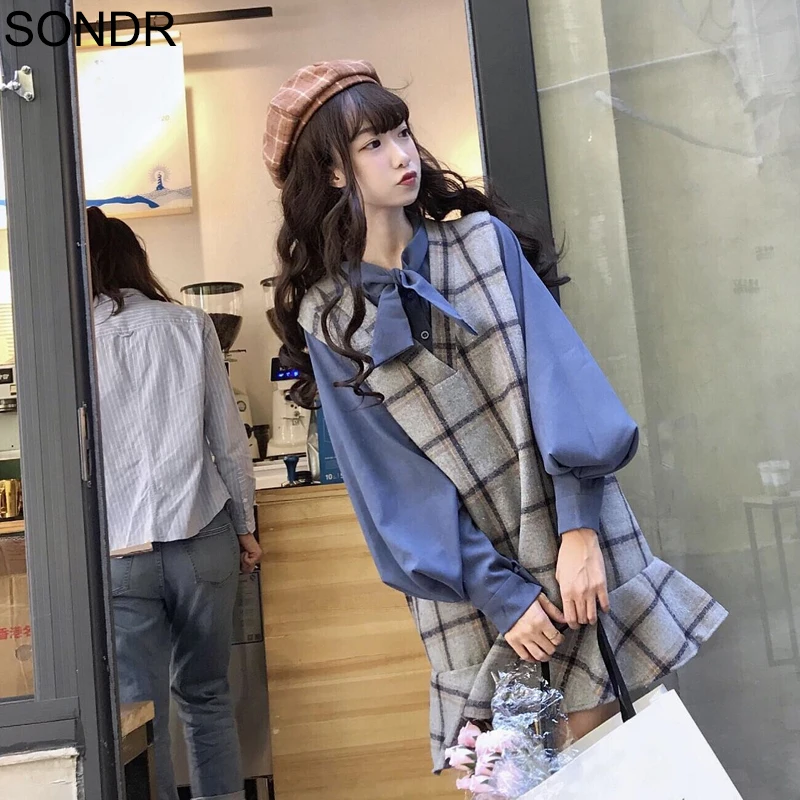 

Cute Japanese 2 Two Piece Set Women V-Neck Loose Lattice Ruffled Vest Dress Vestidos Lantern Sleeve Solid Shirt Korea Two Piece