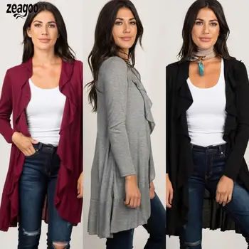 

Women Loose Solid Cardigan Casual Long Turndown Collar Autumn, Winter Sleeve None Autumn Outwear