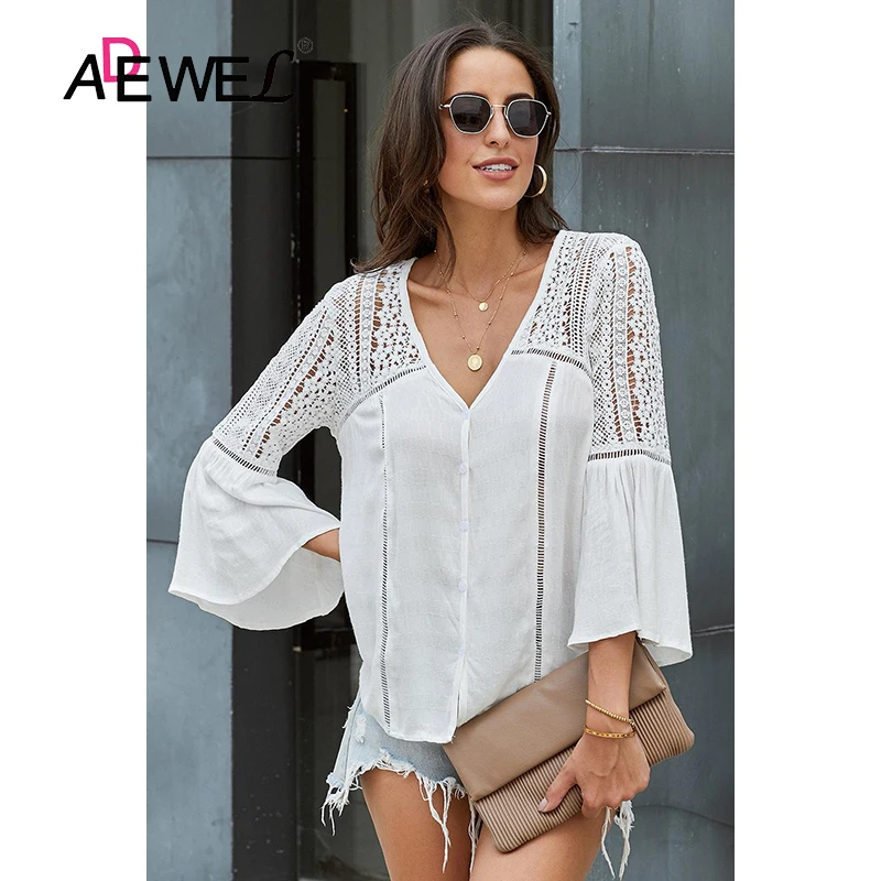 ADEWEL черный WThe Du Jour крючком Для женщин футболка Poleras Mujer De Moda Camiseta Mujer v-образное декольте, с выемкой, верхняя одежда 2XL - Color: White