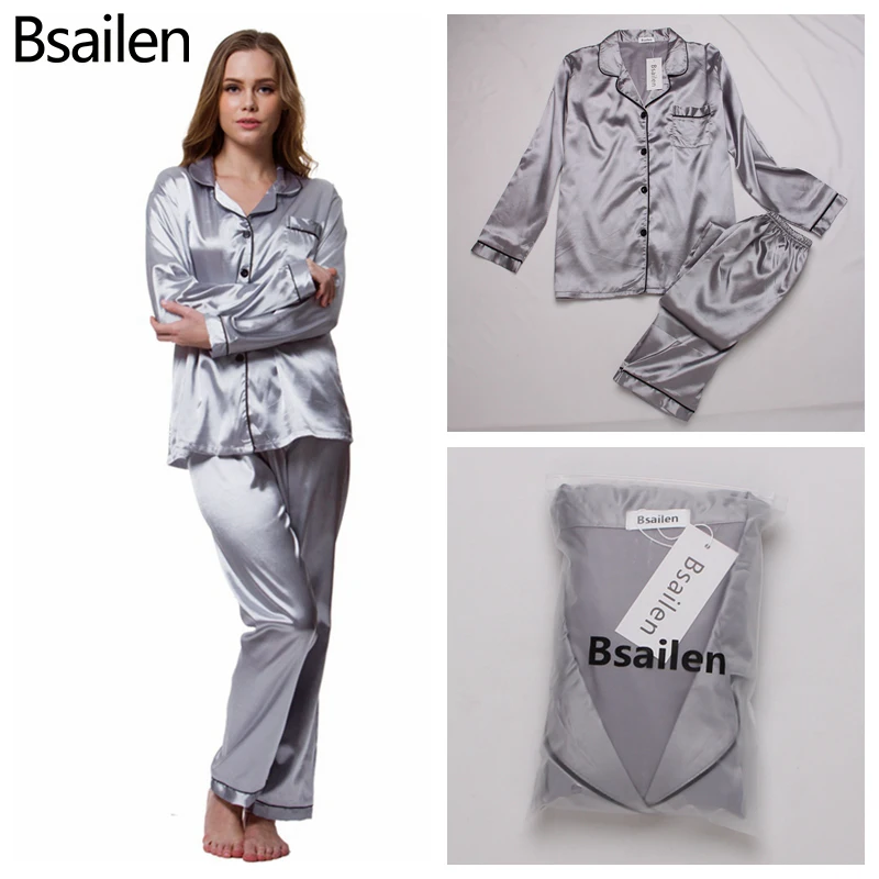 Bsailen пижамы 2 шт. Осенняя Женская одежда для сна из искусственного шелка и сатина пижамный комплект с длинным рукавом пижама костюм Женская домашняя одежда - Цвет: A Silve