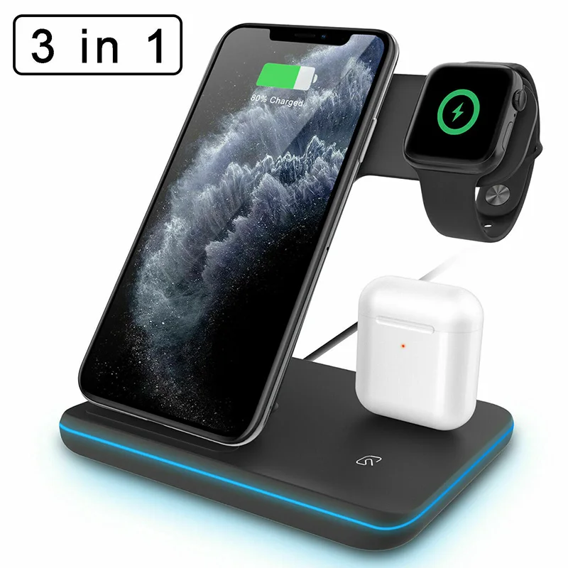 3-в-1 Беспроводной Зарядное устройство для iphone 8 plus 11 Pro plus док-станция для быстрой зарядки станции для наручных часов iWatch, для Airpods Беспроводной Зарядное устройство
