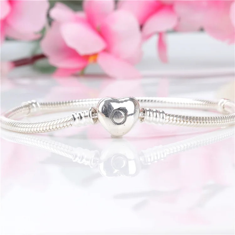 

Authentic 925 Sterling Silver Pan Bracelet Classic Fashion Heart-shaped Snake Bone Diy Bracelet Fit Charm Women Jewelry