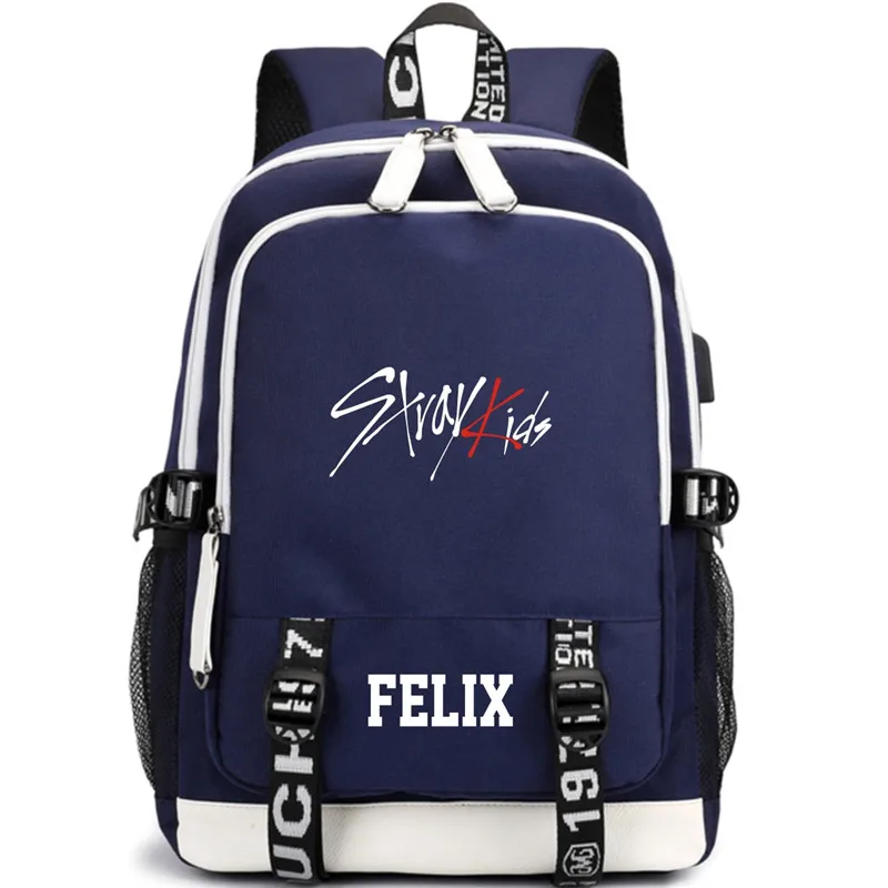 FELIX Blue KPOP USB сбивается Детский рюкзак цвет: черный, синий школьная сумка JISUNG WOOJIN SEUNGMIN MINHO JEONGIN Феликсом CHANGBIN в HYUNJIN LJJ626 - Цвет: FELIX Blue