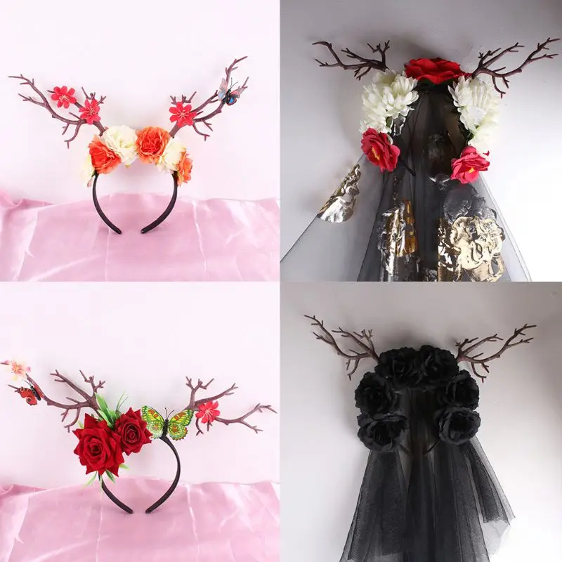 Женская повязка на голову на Хэллоуин, Рождество, лес, искусственная ветка дерева, рога, цветок, обруч для волос, косплей, маскарад, реквизит