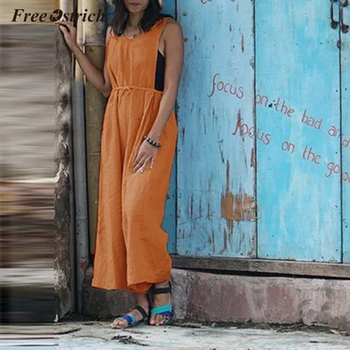 

Free Ostrich Women Sleeveless Pockets Jumpsuits Overalls Solid Fashion Pockets O Neck Strappy Loose Long Pants N30