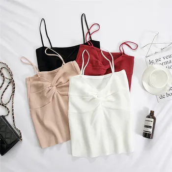 

HELIAR Tops Women Solid Cottons Knitted Spaghetti Cute Crop Tops Slash Neck Sexy Underwear Tops Women 2020 Summer