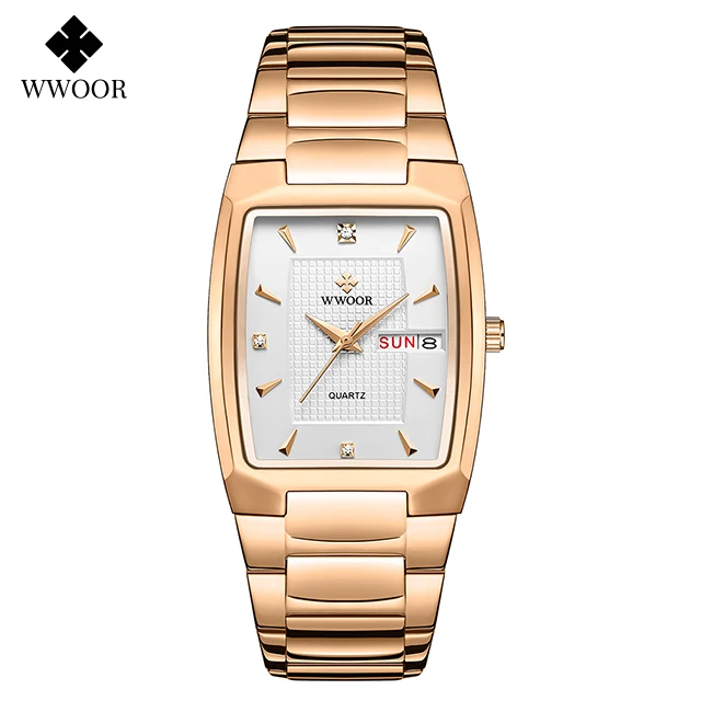 Watches Men WWOOR Brand Casual Simple Men's Quartz Clock Rose Gold Square Waterproof Week Display Wristwatches Relogio Masculino 