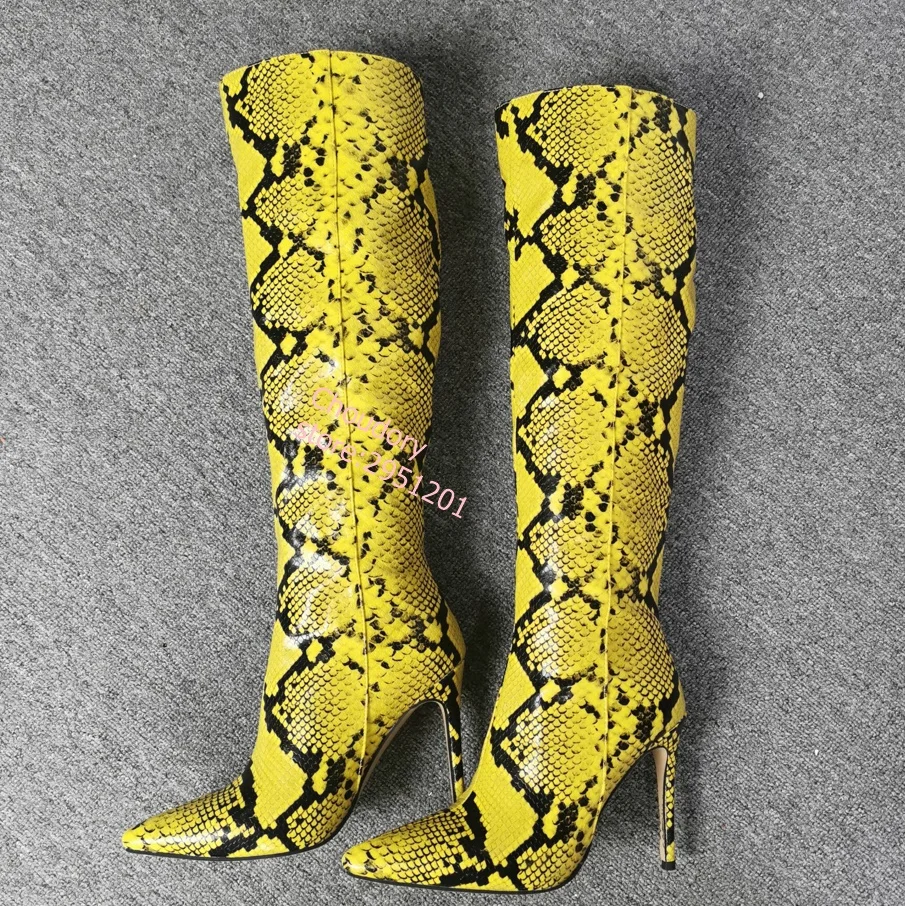 

New Women High Boots Sexy Yellow Snake Stiletto High Heel Boots Pointed Toe Winter Thin Heel Shoes Women