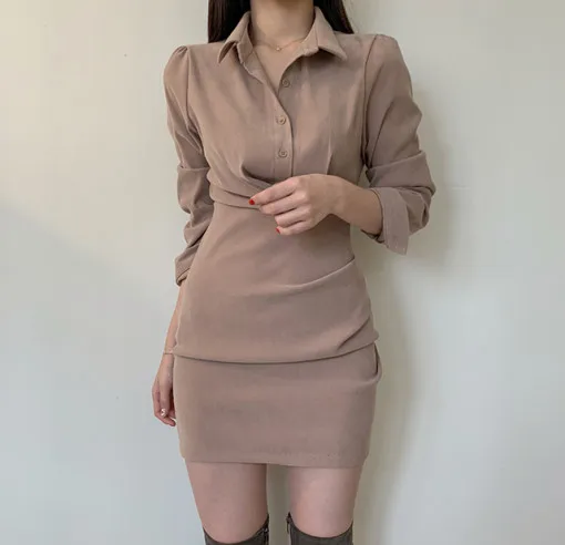 

Korean Autumn Bodycon Mini Dress Elegant Long Sleeve Turn Down Collar Single Breasted Slim Tunic Casual Bandage Vintage Dress