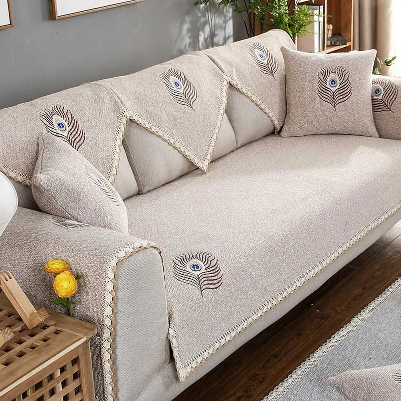 feather beige Современный гостиной простой цвет вышивка диван скамья диван крышка Хлопковый чехол кресло канап матрас - Цвет: feather beige