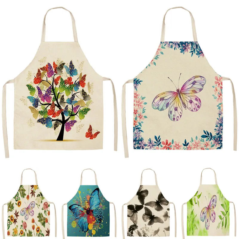 Kitchen Aprons Pinafore Linen Home-Cooking Women Waist-Bib Cleaning-Tools Printed Baking