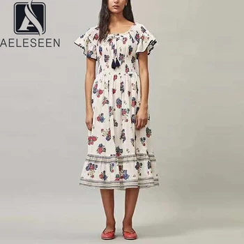 

AELESEEN Runway Fashion Summer Dress High Quality Designer Slash Neck Tassel Floral Print Elegant Party Holiday Long Dress