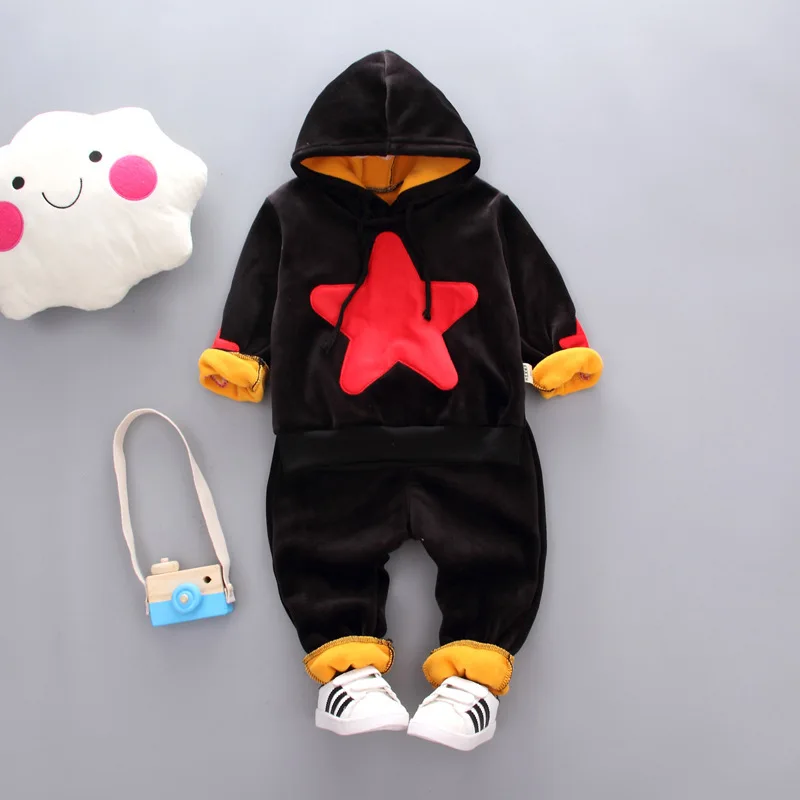 

2018 Autumn & Winter Men's Small CHILDREN'S Casual Hoodie Suit plus Velvet Gold Velvet Printed Hooded Pullover Two-Piece Set