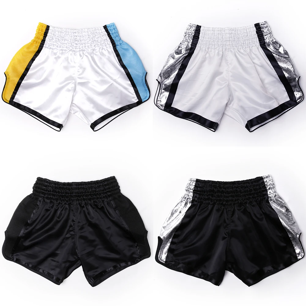 White and Black Muay Thai Shorts Silk fabric MMA Kick Boxing Shorts 