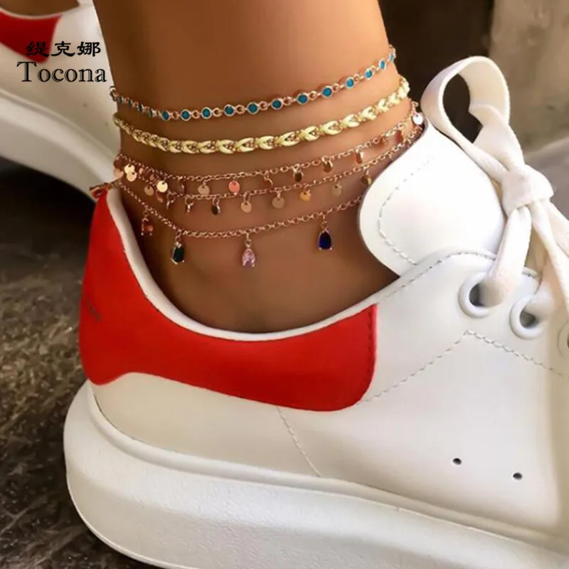 Tocona Boho 5pcs/sets Colorful Crystal Stone Anklets for Women Gold Wafer Tassel Rope Feet Bracelets Summer Jewelry 8407