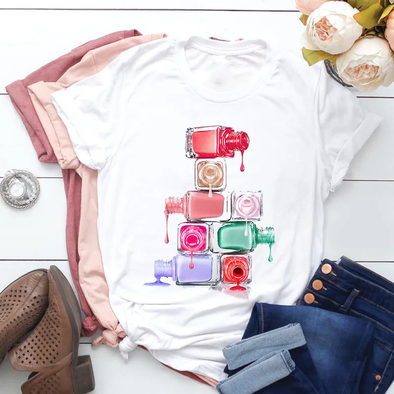 Colorful Nail Polish Print White T shirt Women's Summer Harajuku Fun