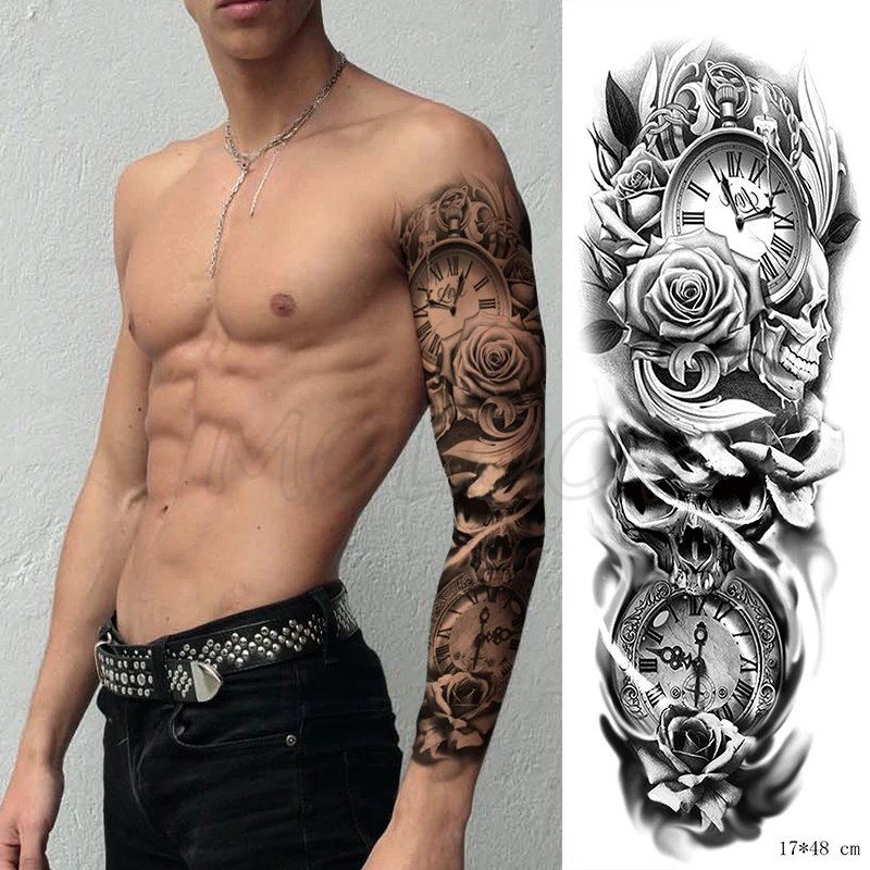 

Full Arm Waterproof Temporary Tattoo Sticker Big Roma Clock Rose Flower Plant Art Fake Tatoo Flash Tatto for Man Woman