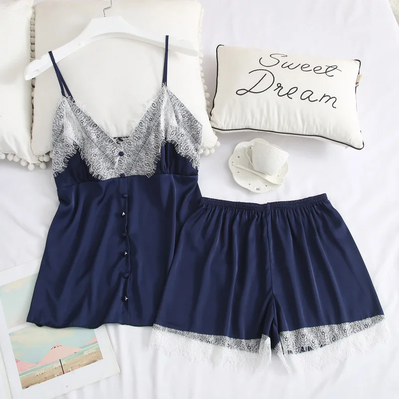 Autumn Pyjamas Women Sexy Female Lace Silk 2 Pcs Pijama Set Satin Sleepwear Night Suit for Women V-neck Loungewear Pajama