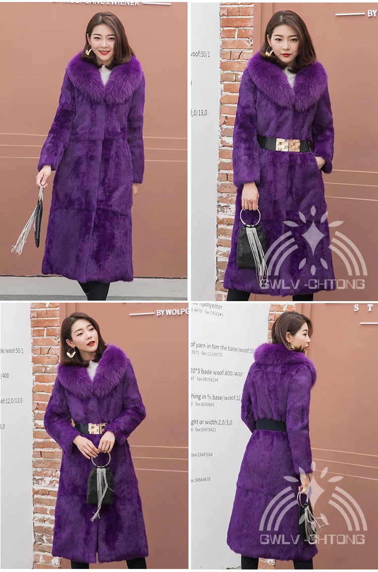 New genuine real natural rabbit fur coat with fox fur collar women fashion long jacket with belt ladies warm outwear