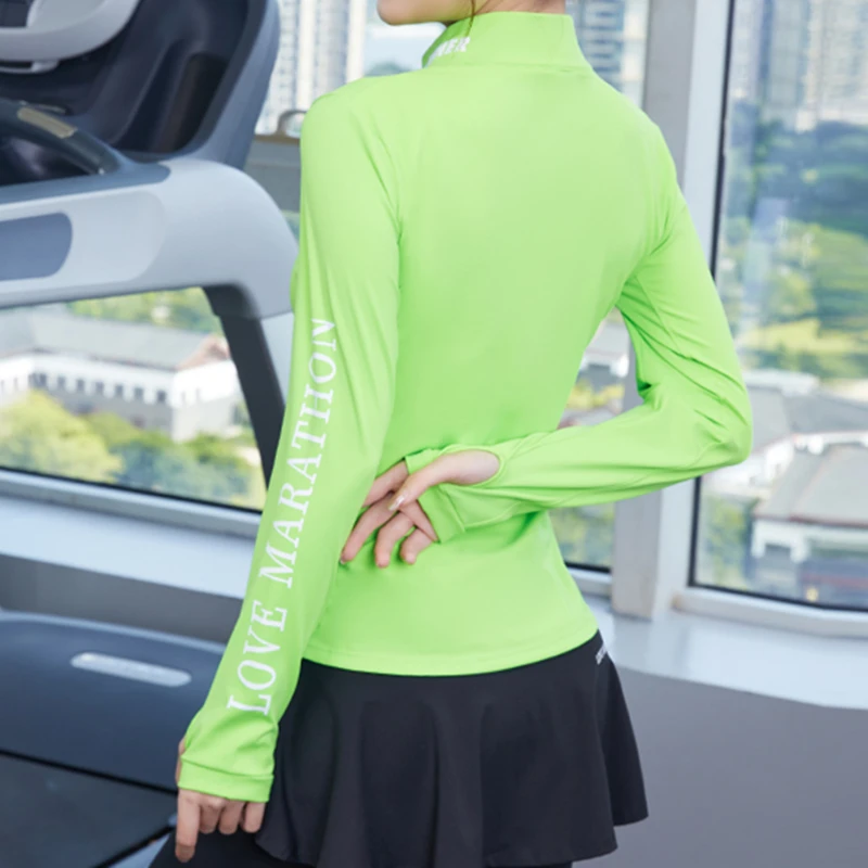 Female Running Shirt Half Zipper Long Sleeve Thumb Hole Yoga Clothes Women Nylon T-shirt Sport Gym Fitness Top Workout Blouse