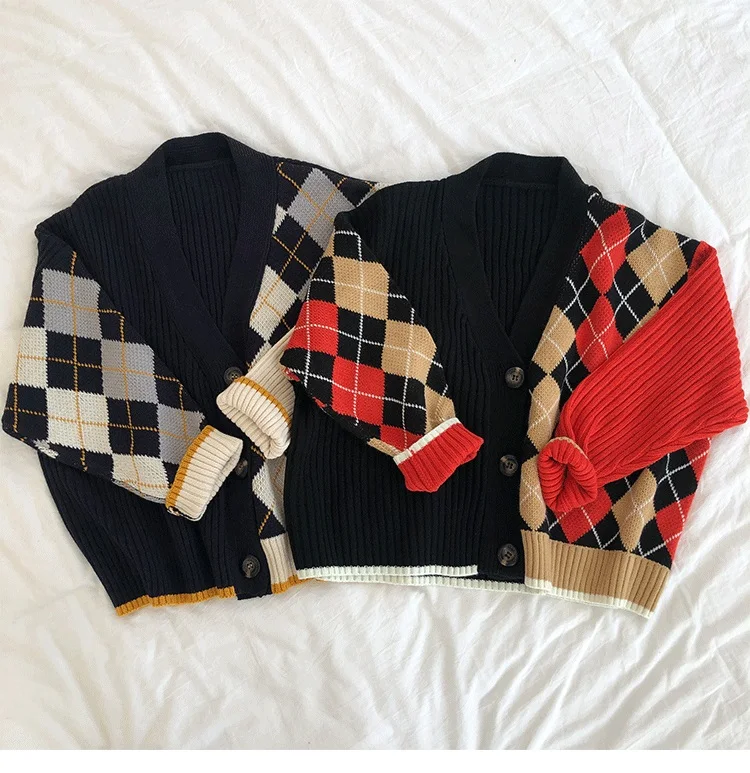 Vintage V-neck Diamond Pattern Cardigans Women Long Sleeve Single Breasted Tops Korean Loose Fashion Sweaters Cardigans Vestidos