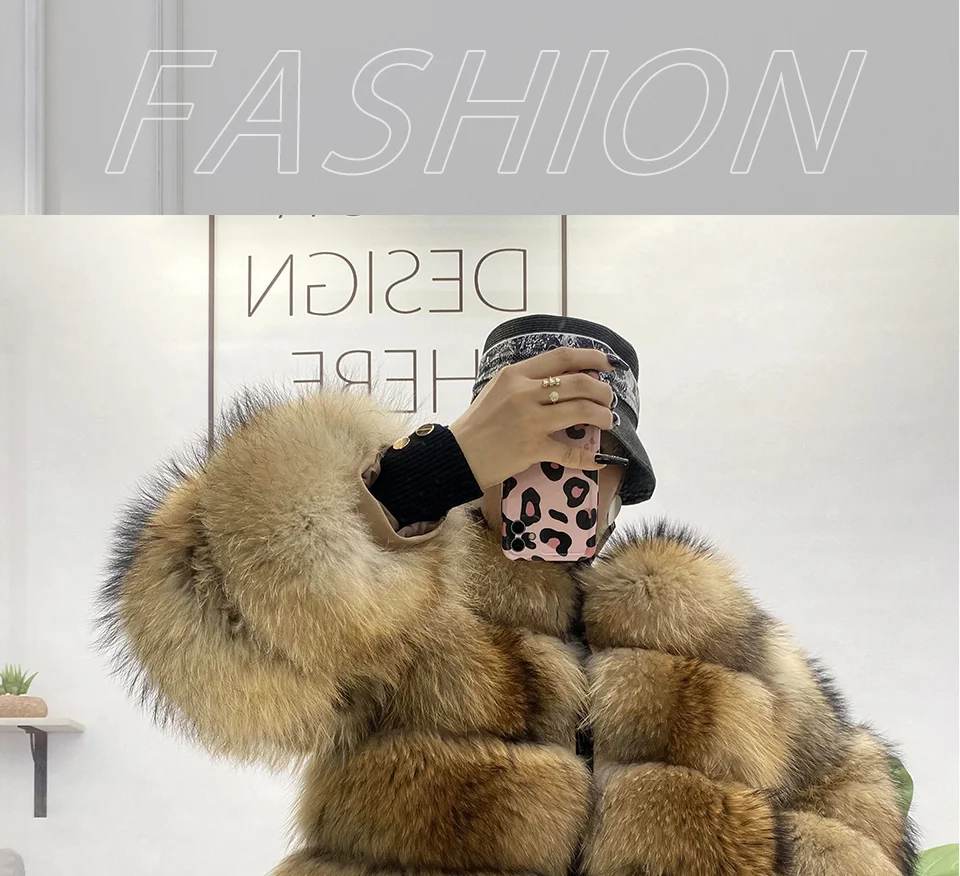 Real Fur Raccoon Winter Coat Silver Fox Fur Jacket Round Neck Warm Thick Coat