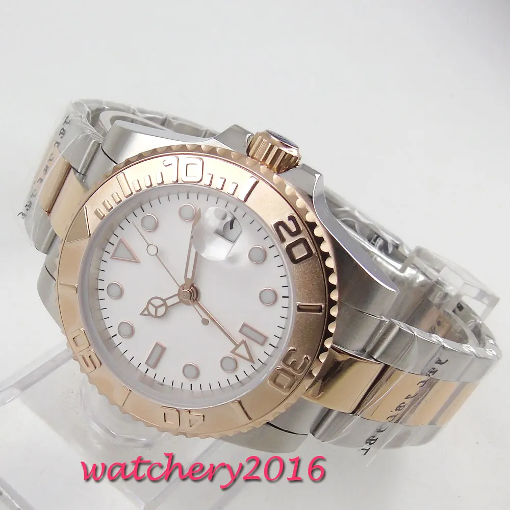 

40mm Bliger White Dial Rotating Ceramic Bezel Date Sapphire Glass Steel Case Luminous marks Automatic Movement men's Watch