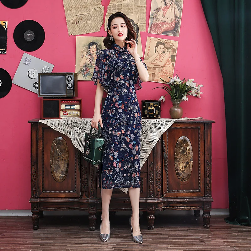 Женское шифоновое длинное платье Cheongsam с цветочным узором в китайском стиле, воротник-стойка, платье с коротким рукавом, Qipao, тонкое вечернее платье на пуговицах, Vestido - Цвет: 3011
